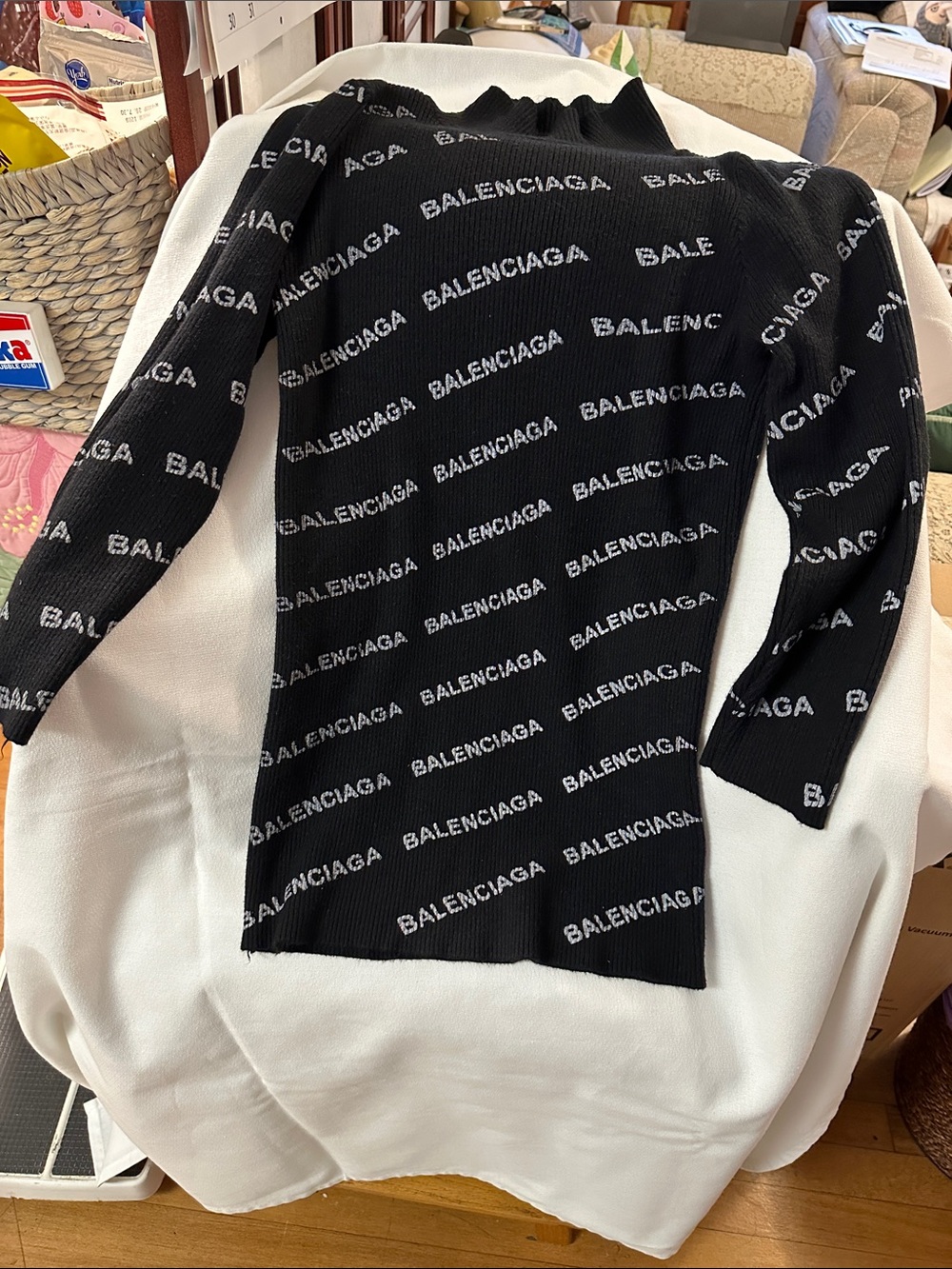 Balenciaga Black with All-Over white Logo Ribbed Knit Sweater.